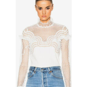 Self Portrait White Crepe and Guipure Lace Top Size 4 Mock Neck Long Sleeve